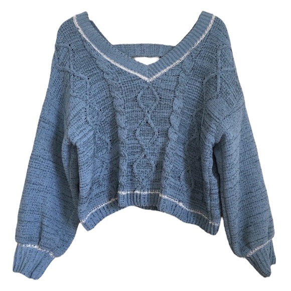 MM by MY MICHELLE Size L Knit Dolman Sleeve Pullover Sweater Lt. Blue White - Picture 1 of 8